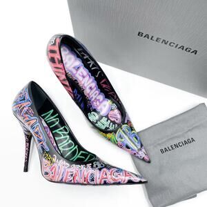 Balenciaga Graffiti Knife Pumps Black Leather Heels Pointed Sz 37.5 / 7.5 US